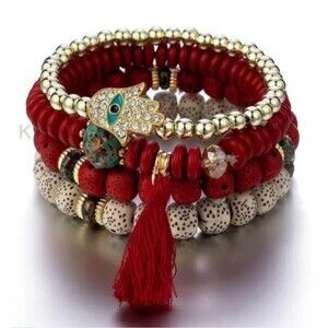 NWT Red White Tassel Evil Eye 4- Multilayer Beaded Bracelet Boho-style Jewelry